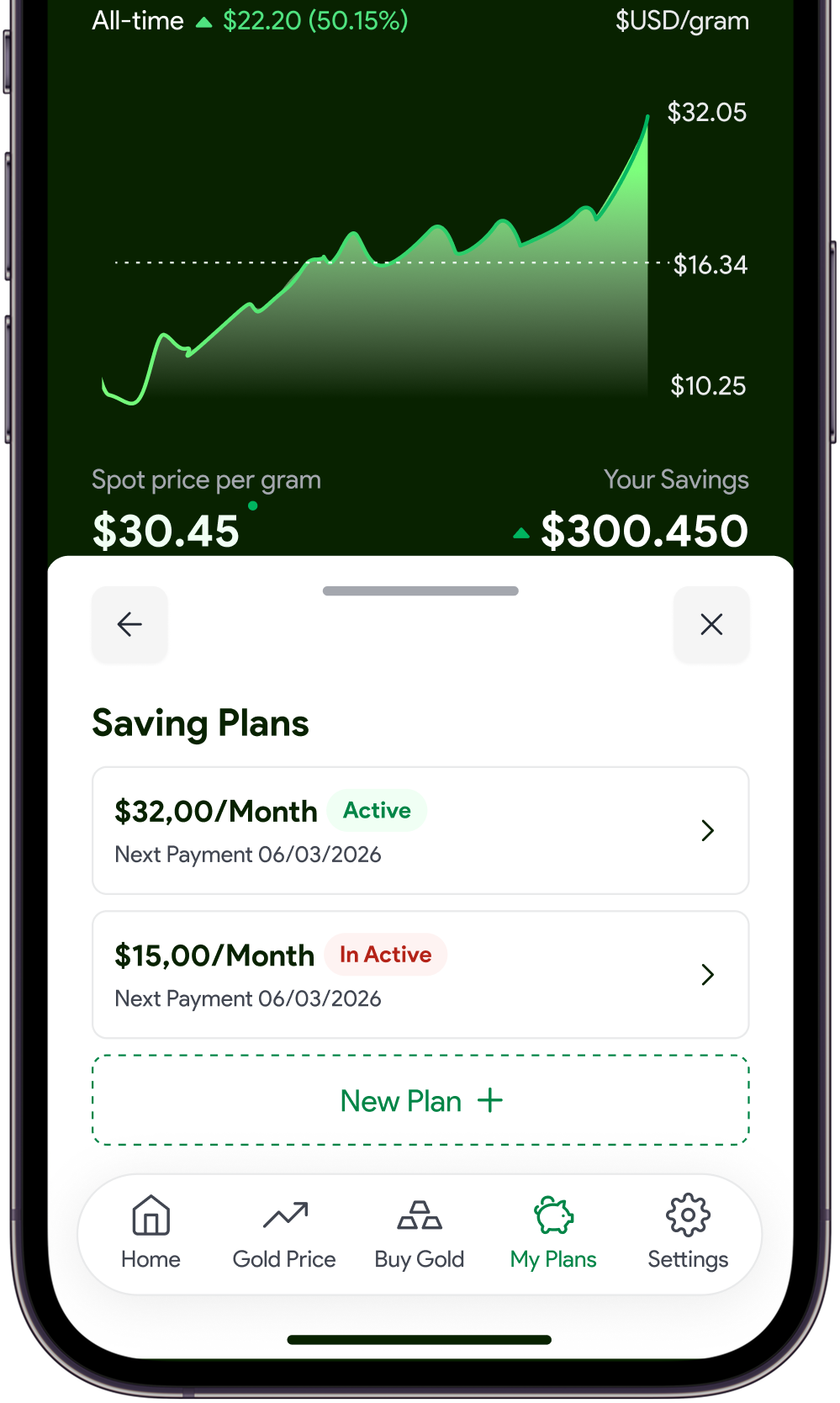 Goldfinch app showing savings plans list